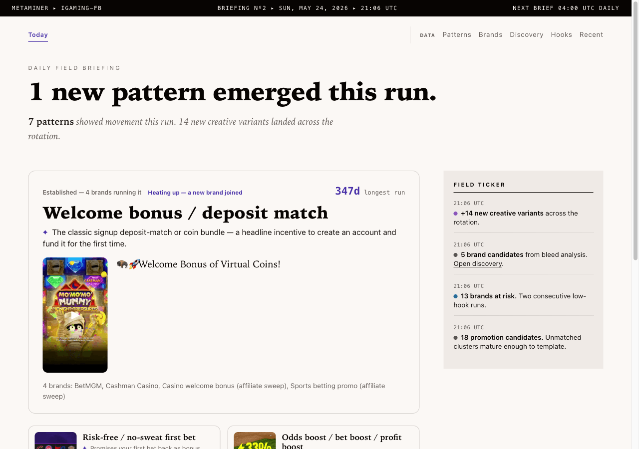 MetaMiner daily field briefing showing live FB Ad Library competitive intelligence for US iGaming operators